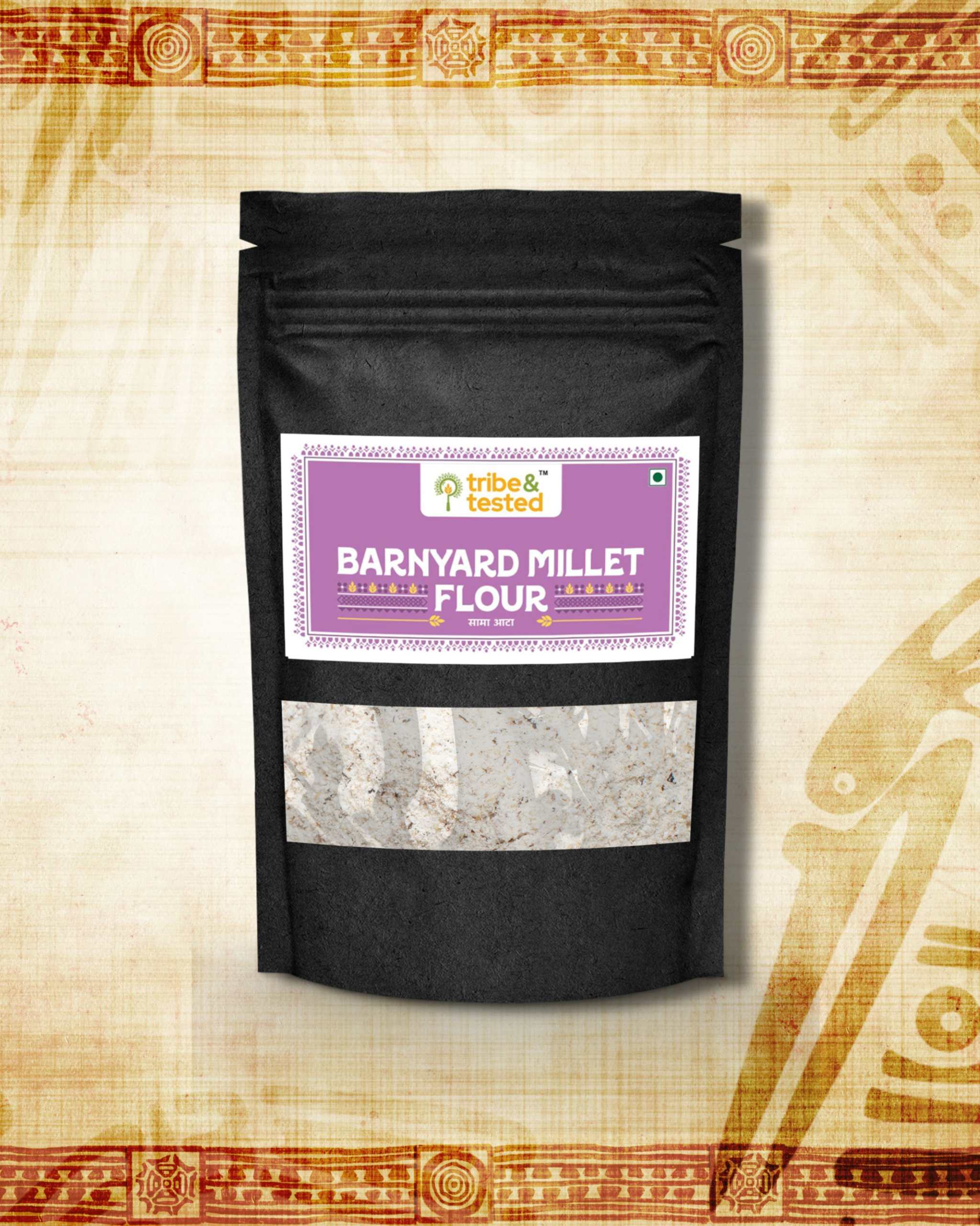 Black resealable pouch of Barnyard Millet Flour with purple label showing product name and transparent window displaying fine stone-ground flour inside