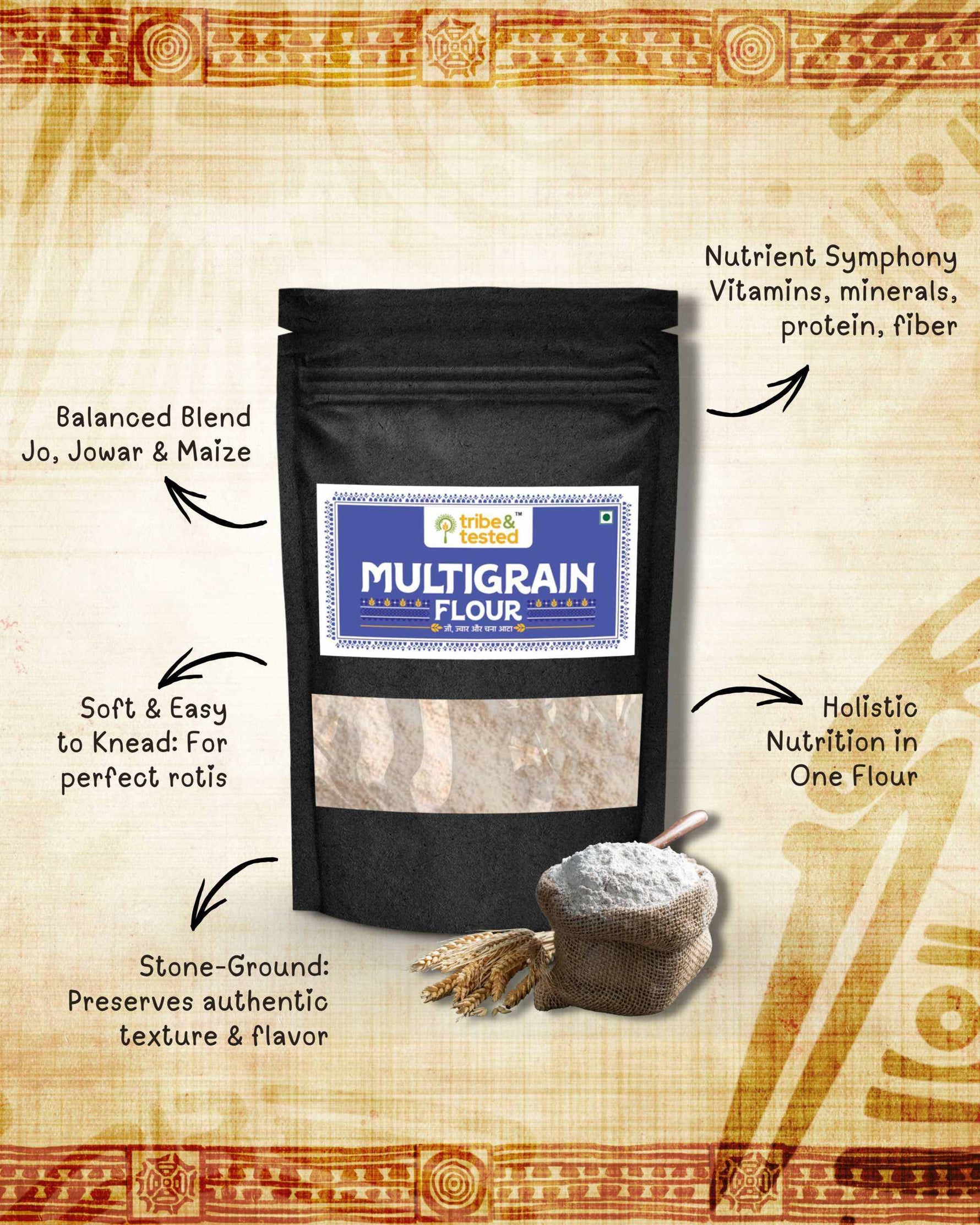 Stone-ground multigrain flour blend of barley, jowar, and chana for nutritious soft rotis and snacks