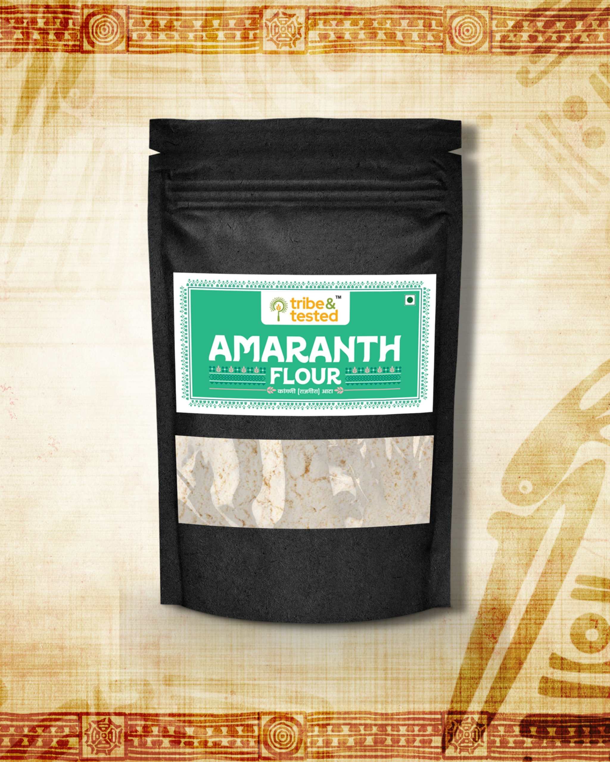 Stone-ground amaranth flour in black resealable pouch with green label, gluten-free and nutrient-rich for fasting recipes and baking