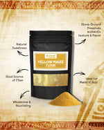 Pack of yellow maize flour with pile of flour beside it, stone-ground, natural sweetness, good fiber source, ideal for Makki ki Roti
