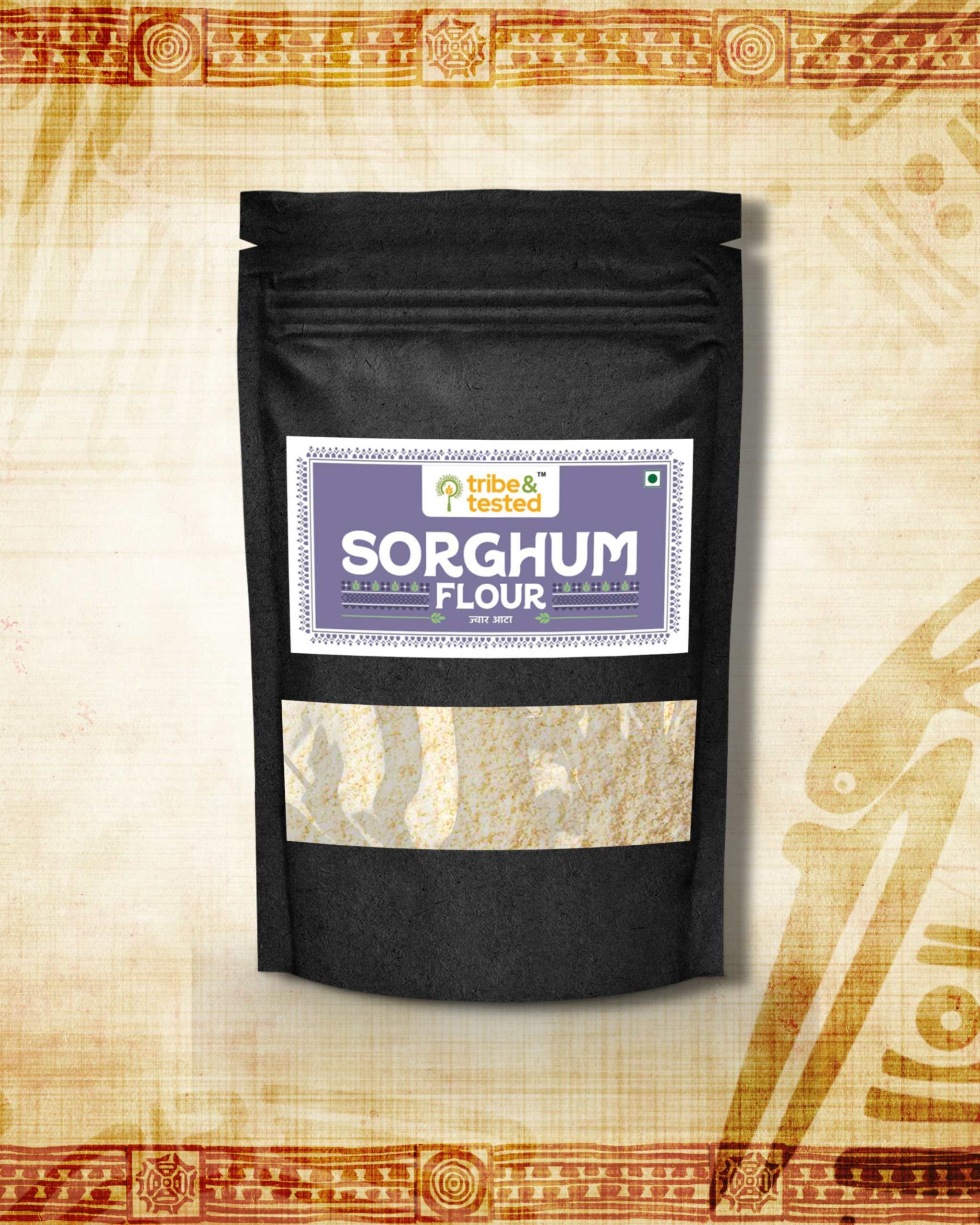 Black resealable pouch of stone-ground jowar flour 1Kg with clear window showing light beige flour inside