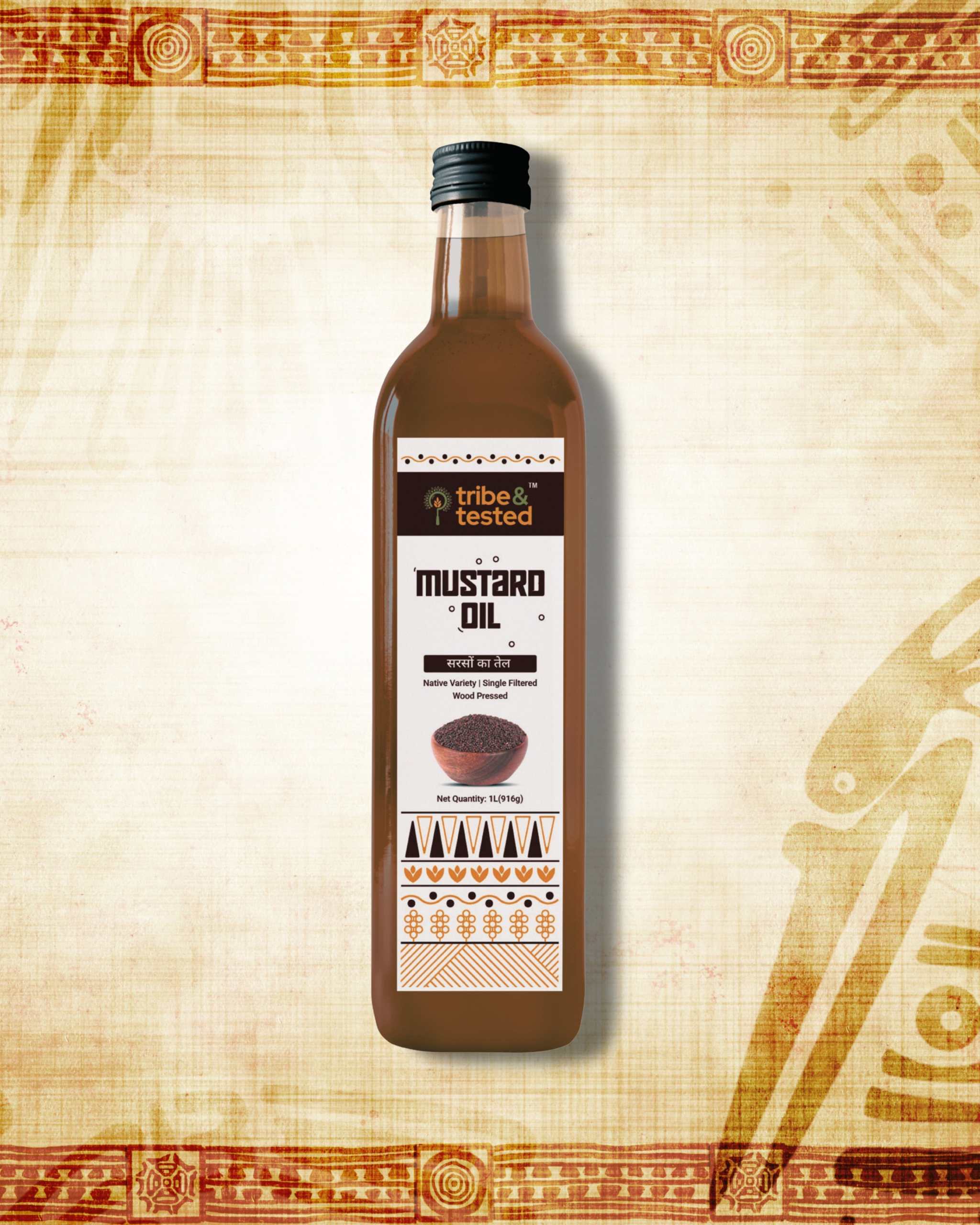 bottle of wood-pressed mustard oil with traditional label design on textured background