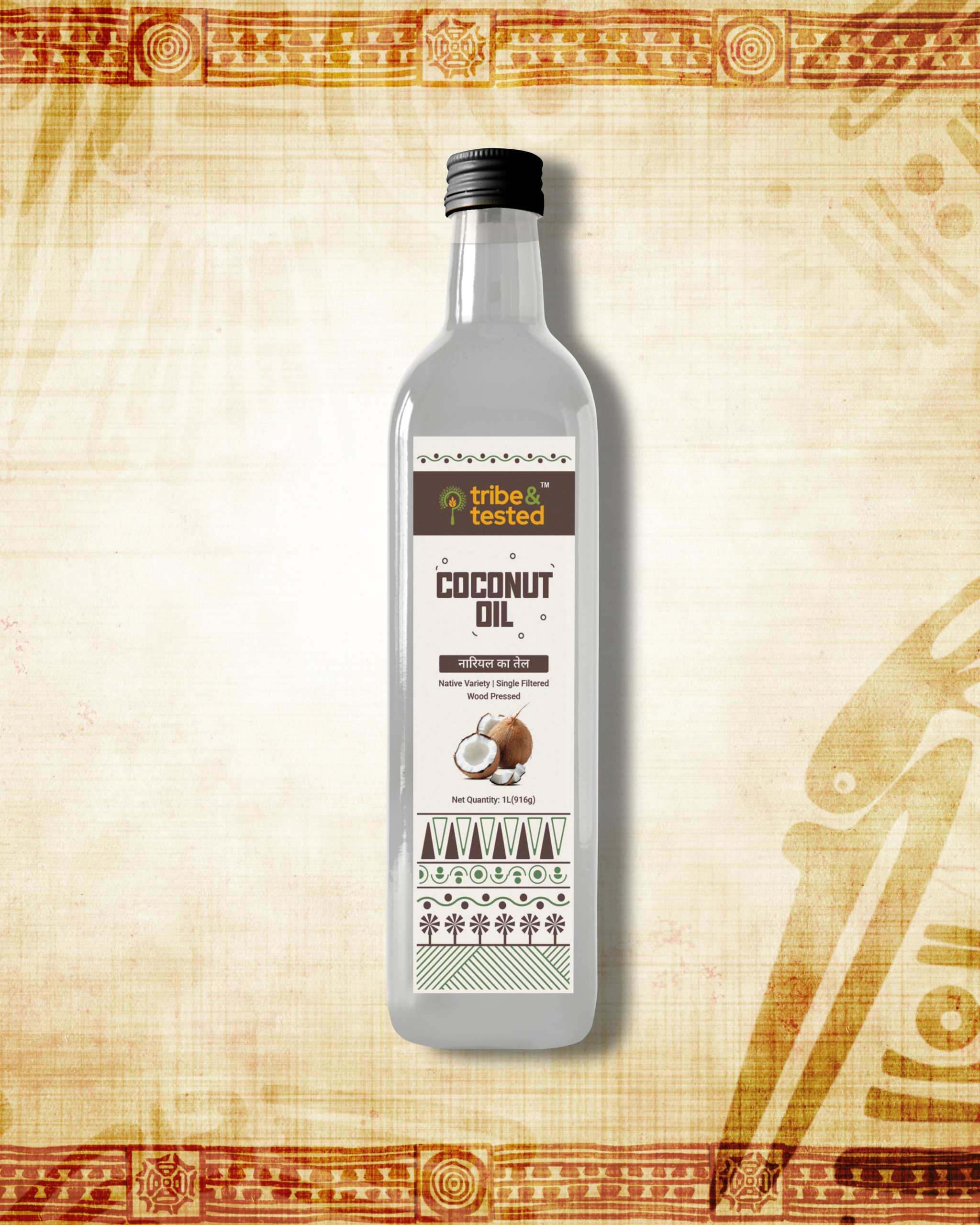 1 litre bottle of wood-pressed coconut oil cold-pressed from sun-dried coconuts for cooking and skincare