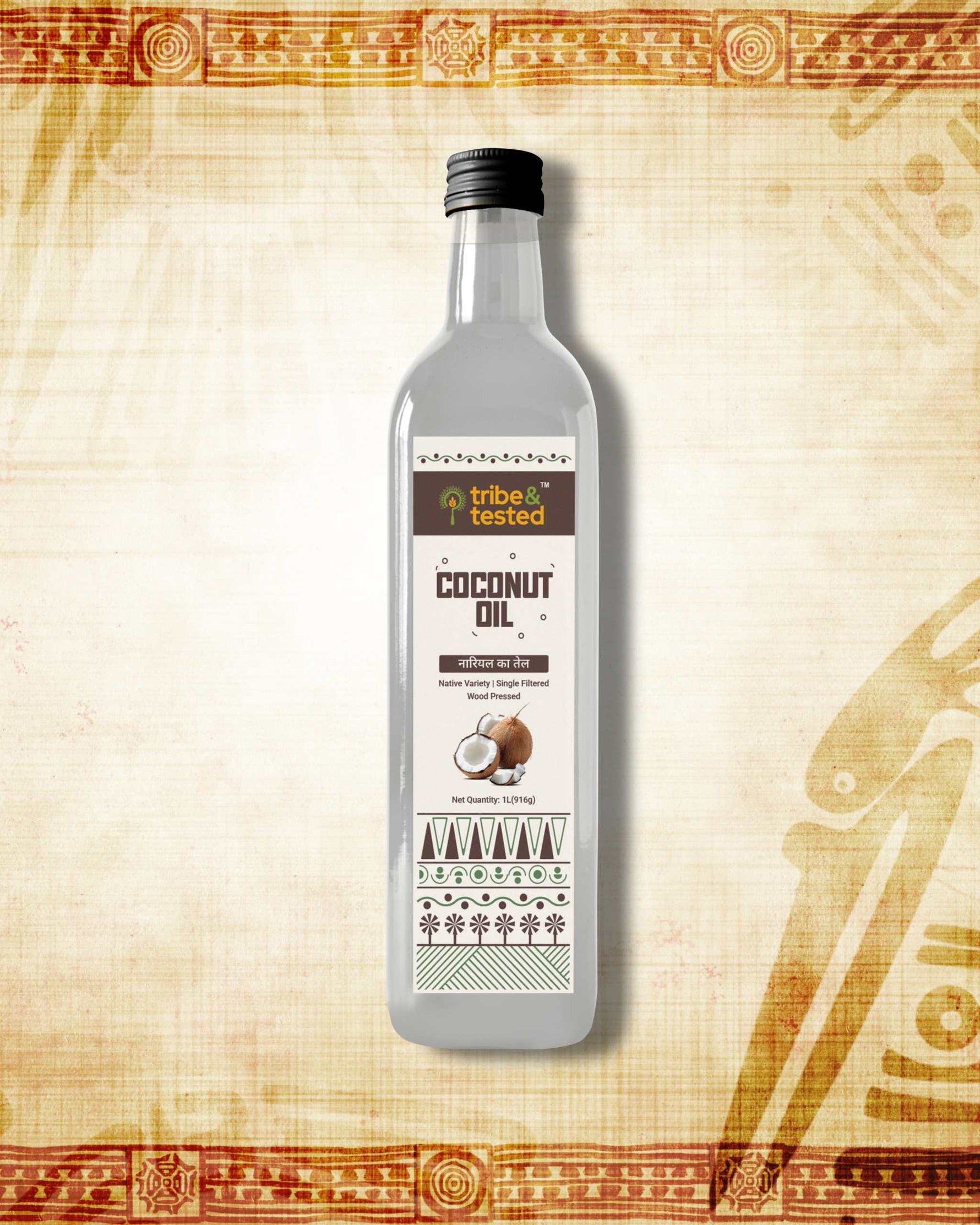 1 litre bottle of wood-pressed coconut oil cold-pressed from sun-dried coconuts for cooking and skincare