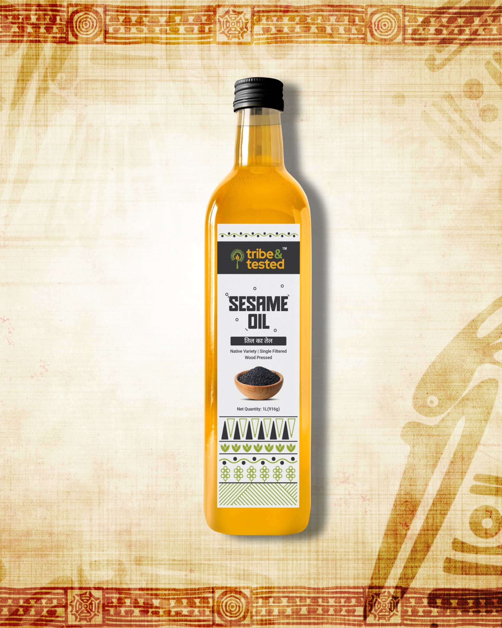 bottle of 1 litre wood-pressed sesame oil with natural aroma and nutty flavor on traditional background