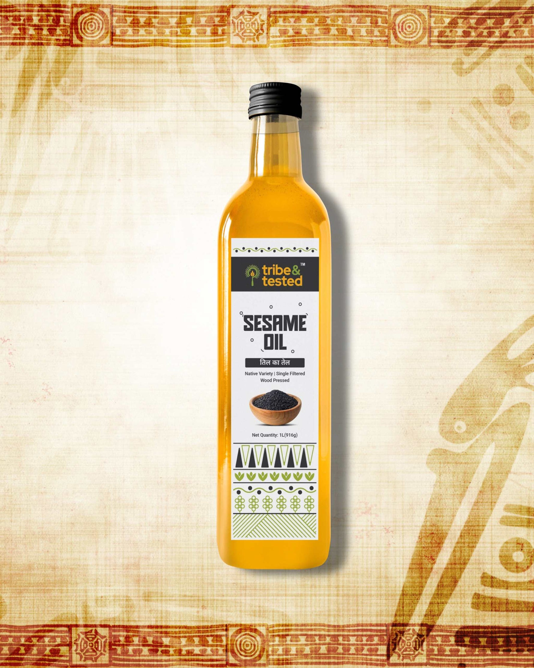 bottle of 1 litre wood-pressed sesame oil with natural aroma and nutty flavor on traditional background