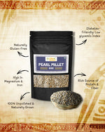 Black resealable pouch of unpolished Pearl Millet Bajra Grain with bowl of grains, highlighting gluten-free, high magnesium, diabetes-friendly, protein-rich attributes
