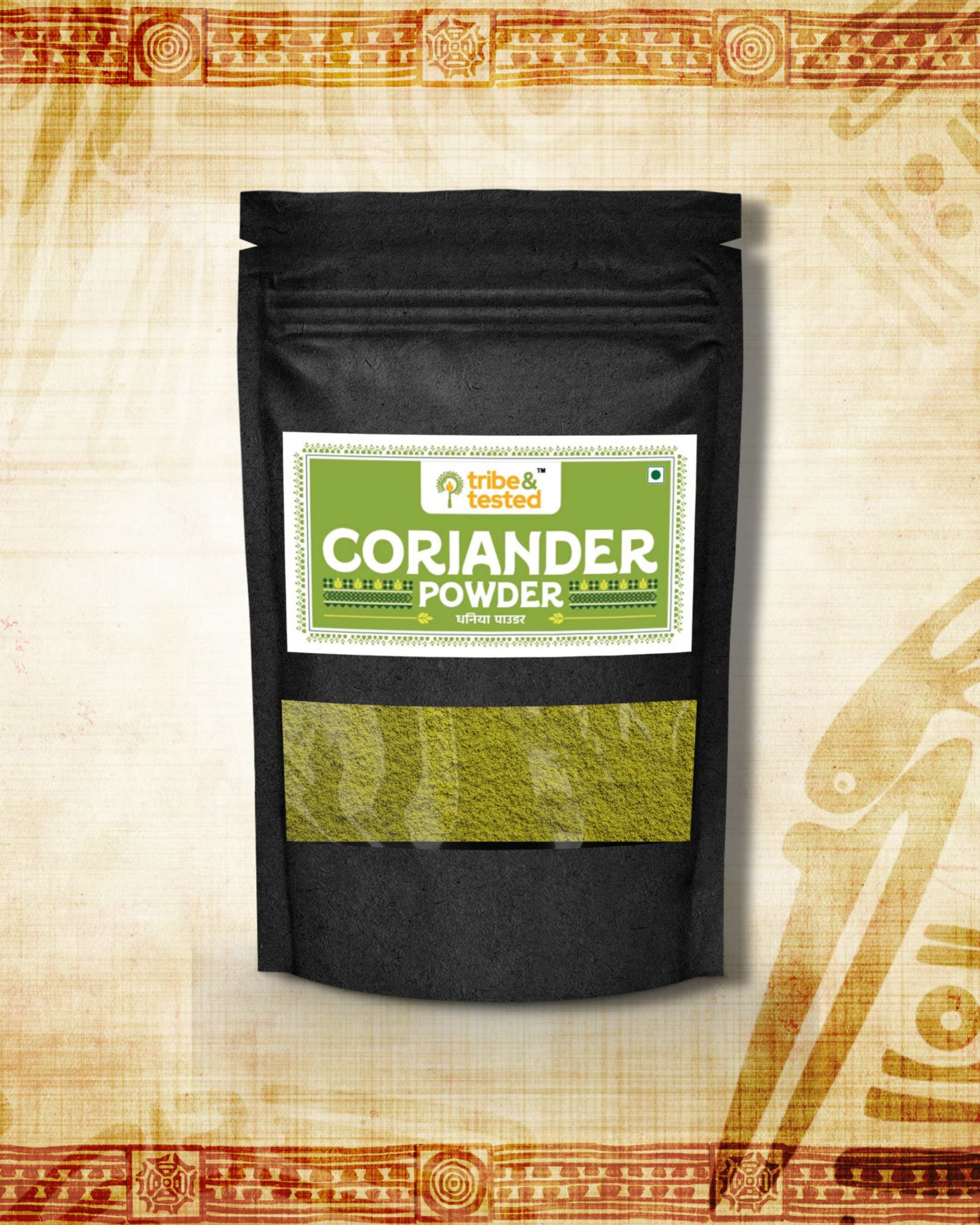 Stone-ground coriander powder in black resealable pouch with green label from Tribe & Tested, 200g