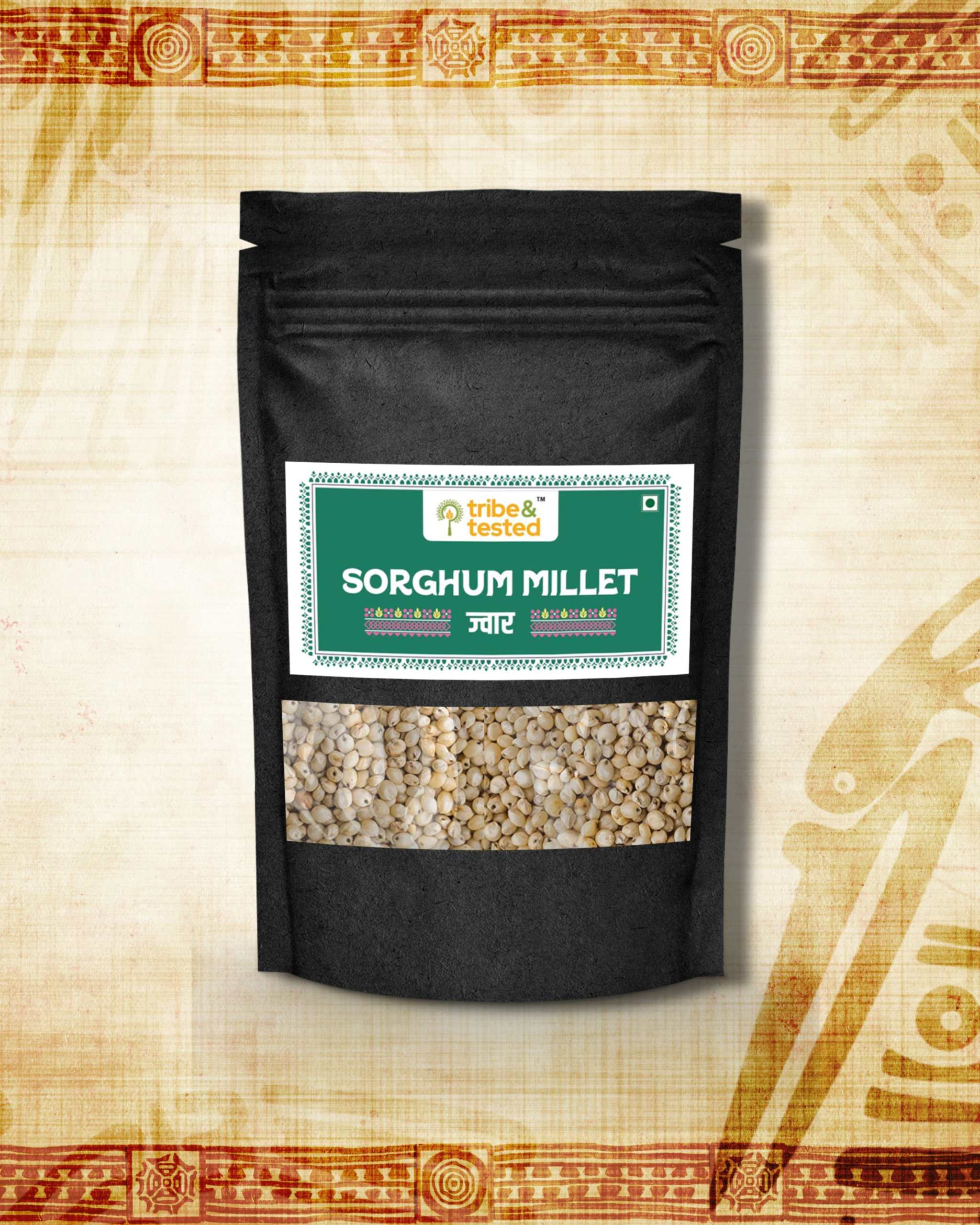 Black pouch pack of 1kg unpolished Sorghum Jowar Grain millet with transparent window showing natural grains
